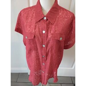 Chicos Red Burnout Floral Button Down Shirt Short Sleeve Linen Blend Size 2 L
